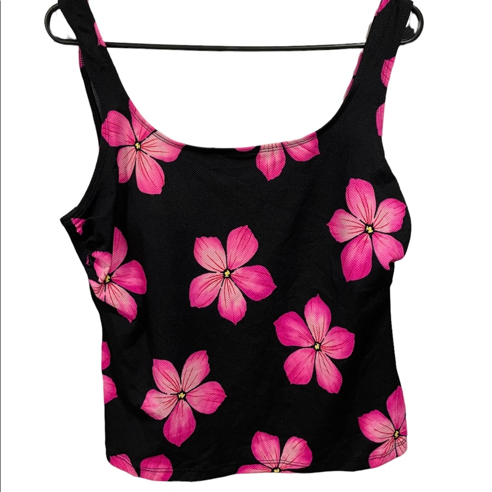 Inches Away Black and Hot Pink Tropical Floral Tankini Set High Waist Bottoms